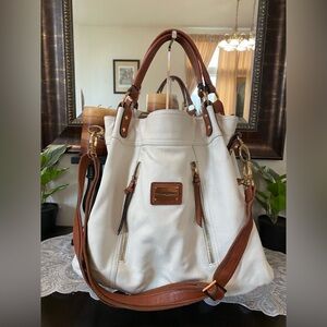 Cynthia Rowley Womens Shoulder Bag, Leather Zip Pockets Off White/Brown, X LRG